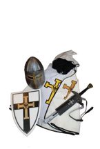 Rycerz krzyżak 6-el - tunika z kapturem, płaszcz, hełm, tarcza i miecz 52 z pochwą