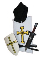 Rycerz krzyżak - tunika z kapturem, tarcza i miecz 50 z pochwą